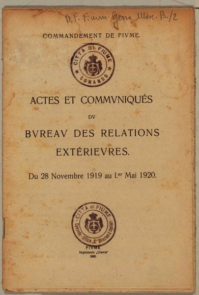 Actes et communiqués du bureau des relations extérieures du 28 novembre 1919 au 1er mai 1920